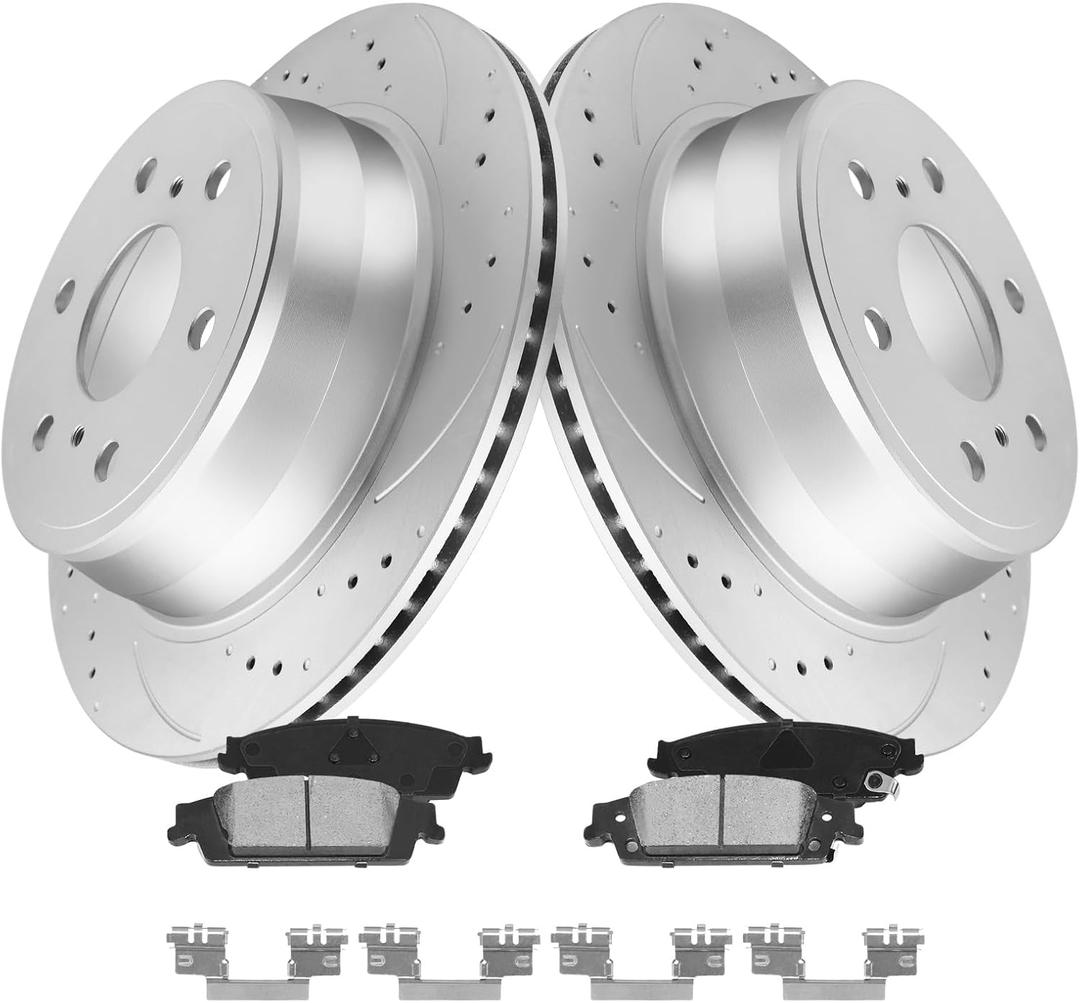 MOTOREVO Rear Brake Pads and Rotors Kit Compatible with Silverado 1500 [ 2014-2018 ], High-Carbon Alloy Drilled & Slotted Discos de Frenos Delanteros [ 13.6in, App Specific ] [ 4WD; RWD ]