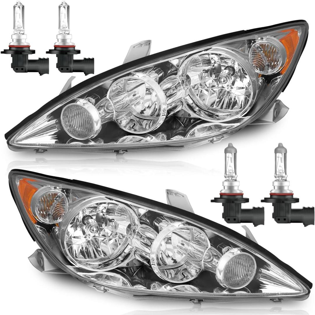 Headlights Assembly with Bulbs for 2005 2006 Toyota Camry LE XLE Halogen Headlamp Replacement Driver & Passenger Side