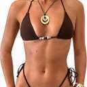 ZAFUL Women's Sexy Halter Bikini Sets Beads Tie Side Solid Triangle Thong Swimsuit Two Piece Cheeky Bathing Suits, Medium