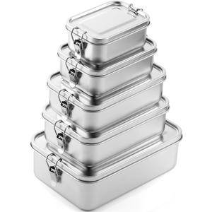 Umigy 5 Pcs Stainless Steel Food Containers 550/850/1200/1400/2400 ml Metal Bento Lunch Box Stainless Steel Food Storage Containers, Lockable Clips to Leak Proof, Reusable Dishwasher Snack Boxes