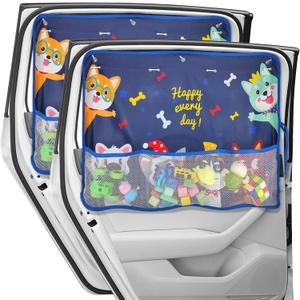 2 Pack Car Window Shade for Baby, Blackout Car Sun Shades with Storage Pockets, 7 Suction Cups, Blue, Cute Patterns for Sun/Heat/UV Rays Protection, Standard Passenger Cars