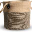 Jute Rope Basket - 10"x10" Woven Plant Pot Holder with Handles, Boho Indoor/Outdoor Planter Cover, Multifunctional Storage (small, Brown and Black)