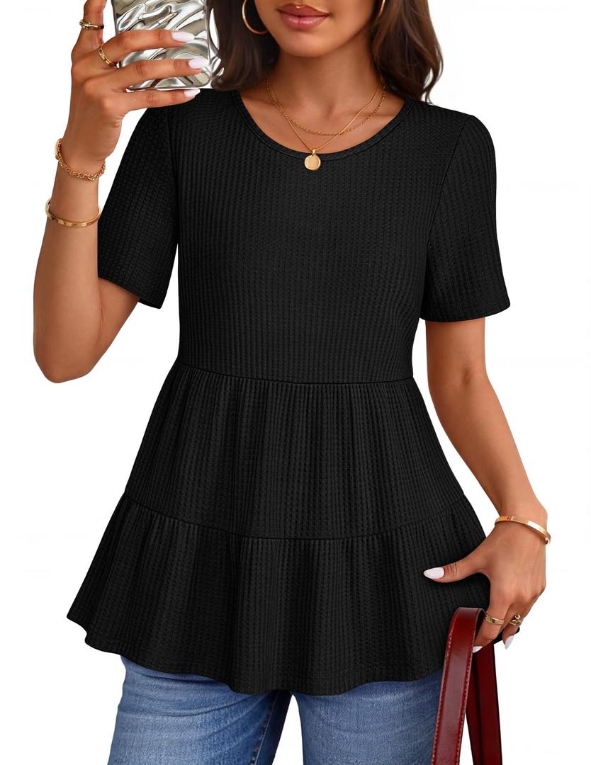 MEROKEETY Women's 2026 Summer Spring Tunic Babydoll Tops Short Sleeve Waffle Knit Shirts Casual Loose Peplum Blouses Black (Black, S)