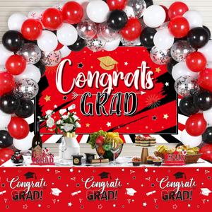 Breling 53 Pcs Graduation Decorations 2026 Congrats Grad Backdrop Banner Tablecloth Congrats Latex Balloons for University High School Graduation Party Supplies(Red and Black)