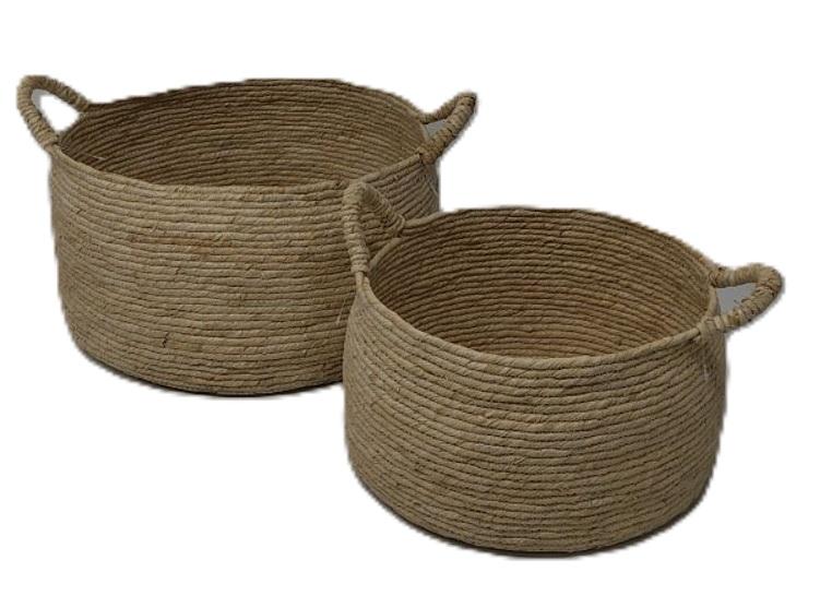 Decorative Round Wicker Woven Rope Storage Blanket Basket with Braided Handles - Set of 2
