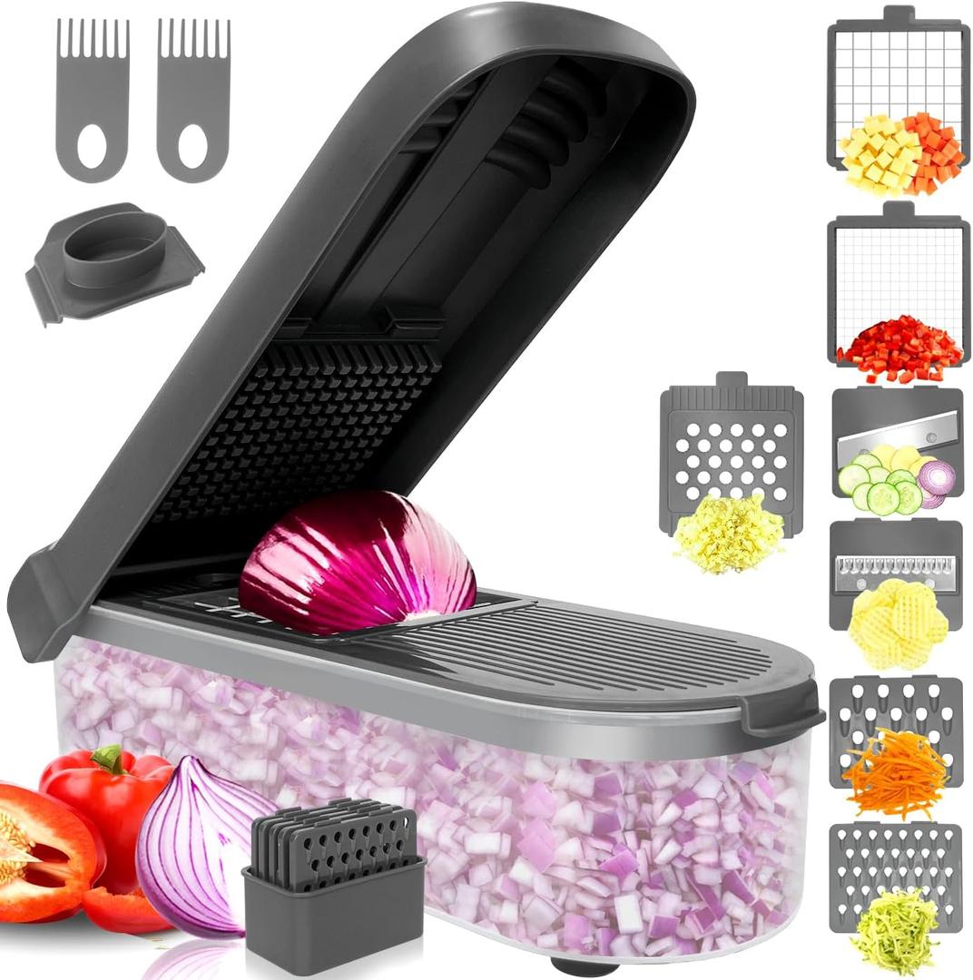 LHS Vegetable Chopper Multifunctional Food Chopper Onion Chopper Vegetable Slicer Dicer Cutter Potato Cutter Veggie Chopper with Container(10 in 1, Grey) (Gray)