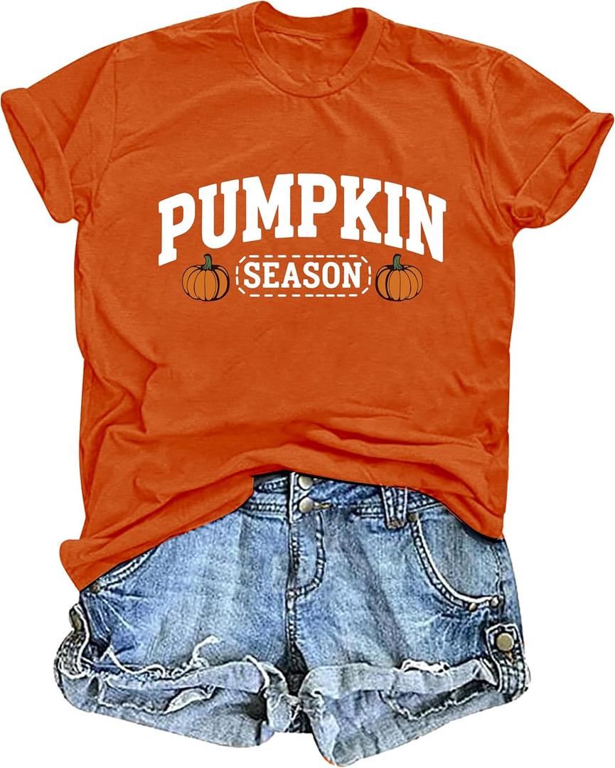 Thanksgiving Shirts for Women Pumpkin Season Shirt Thanksgiving Graphic Fall Tee Tops (Orange, M)