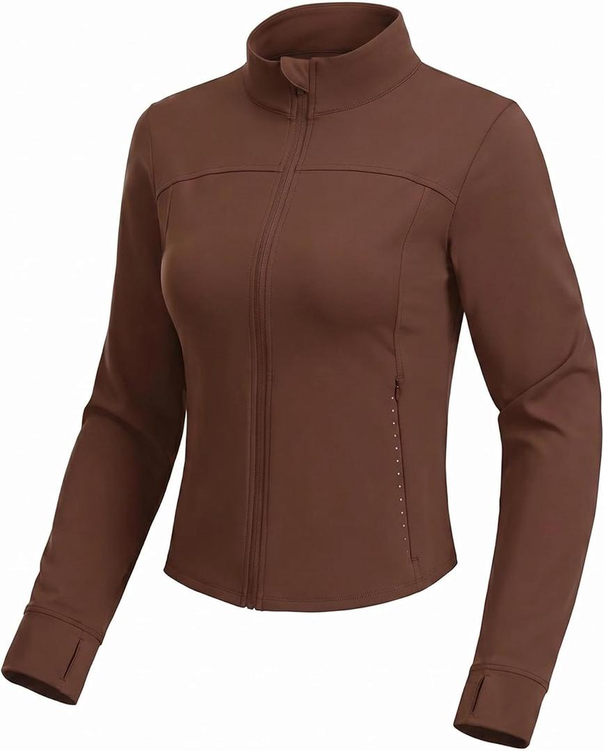 MIER Womens Workout Jackets Full Zip Up Cropped Slim Fit Lightweight Athletic Running Track Gym Tops, Thumb Holes & Pockets (Brown, XL)