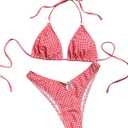 GORGLITTER Women's Gingham Bikini Set Bow High Cut Thong Halter Triangle Top Cheeky Cute 2025 Swimsuit Bathing Suit (Medium, Red)