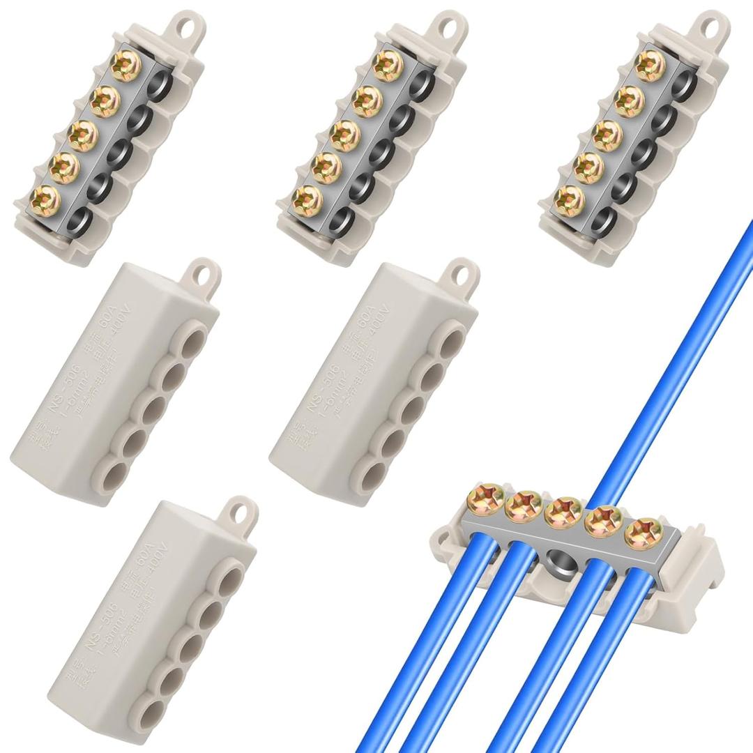 Linkstyle 6PCS 10 AWG Wire Connector Nut Kit, 60A 16-10 Gauge Screw-Fixed Type Quick Wiring Splicing Compact Brass Terminal Butt Connectors, Waterproof Wire Splice (1 in 4 Out)