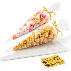Labeol Cone Shaped Treat Bags 150pcs 7x14 Popcorn Clear Cellophane Bags for Treat Party Favor Candy Snack Goodie Triangle Plastic Gift Bags with Ties