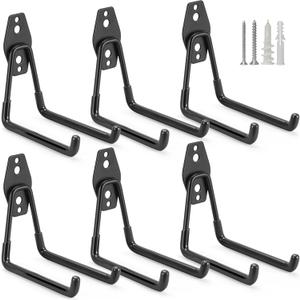 6 Pack Garage Hooks Heavy Duty Storage Organizer Wall Mount Power and Garden Tool Hangers, for Hanging Ladders, Ropes, Hose, Bulk Items