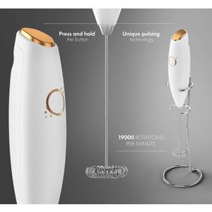 Milk Frother White  Coffee Frother Handheld with Electric Whisk  19000 rpm  Book Recipes and Stainless Steel Stand Included  Hand Mixer Electric (White and Gold)