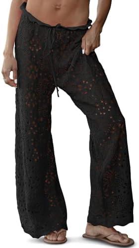Saodimallsu Womens Crochet Swimsuit Coverup Pants High Waisted Drawstring Sexy Sheer Mesh Knit Wide Leg Beach Pants Size XL