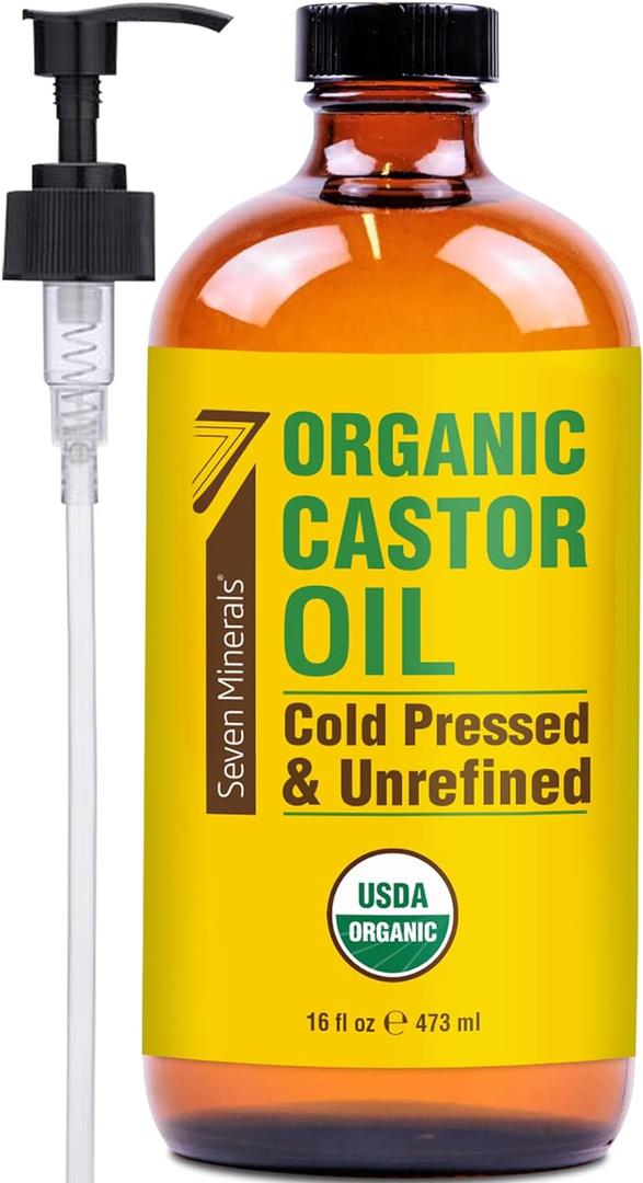 Seven Minerals New 16 fl oz Glass Bottle Castor Oil Organic Cold Pressed Unrefined Glass Bottle Pack - 100% Pure USDA Certified Organic Hexane Free BBD: 03/2027