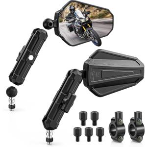 BUMBEE Upgraded Adventure Motorcycle Mirrors 360 Degrees Adjustable, Foldable Convex Side Rearview Mirrors No Vibration & Wobble With M8 M10 Screws and 7/8" Handlebar Mount for ATV Scooter Dirt Bike