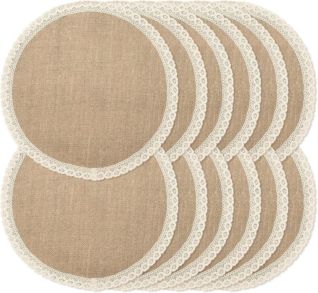Round Burlap Placemats Set of 12 Jute Rustic Place Mats for Dining Tables Heat Resistant Natural Farmhouse Table Mats Decor for Thanksgiving (Brown lace)