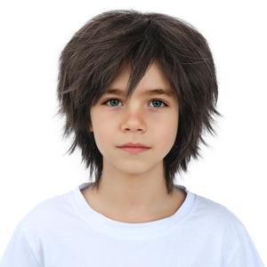 PATTNIUM Boys Light Brown Short Straight Wig with Side Bangs Costume Wig