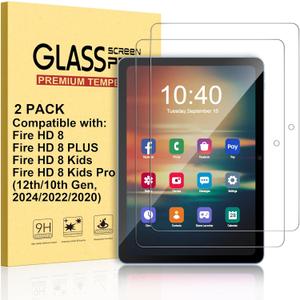 [2-Pack] Screen Protector for F i r e HD 8 & 8 Plus & 8 Kids & 8 Kids Pro tablet (12th/10th Generation, 2024/2022/2020 Release), 9H Hardness Tempered Glass [Durable] [Anti-Scratch] [Easy Installation]