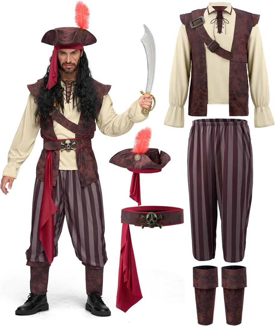 Spooktacular Creations Mens Caribbean Pirate Costume Adult Sea Captain Robber Costume for Halloween (Medium, Beige)