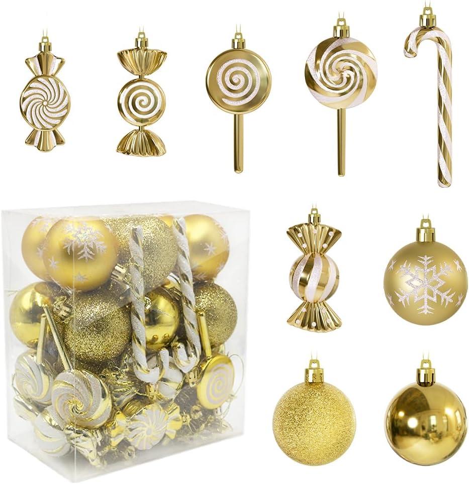 36 Pcs Christmas Ornaments, MOYEE Shatterproof Plastic Christmas Ornaments for Tree - Candy Cane Christmas Decorations Candies Christmas Ball Ornaments (Gold)