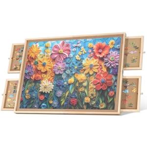 BuilderButler 1000 Pieces Assembly Required Rotating Puzzle Board with 4 Drawers, Lazy Susan & Transparent Cover, 28.7"x20.9" Portable Wooden Jigsaw Puzzle Table, Great Gift for for Puzzle Enthusiasts
