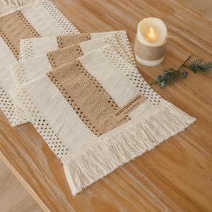 Keketoarrange Boho Table Runner Cream Beige Brown for Home Decor 12x48 Inches Farmhouse Small Macrame Woven Burlap Rustic Coffee Table Runner Dresser Scarf Dining Kitchen Centerpiece Bohemian Decor