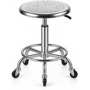Rolling Stool, Stainless Steel Workbench Stool, Adjustable Swivel Stool Medical 5 Wheels, 304 Stainless Steel Structure Laboratory Round Pad, Load Capacity 445 lbs (Silver)
