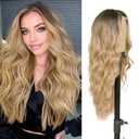 26 inch Lace Hairline Long Ombre Blonde Wigs for Women, Middle Part Long Curly Wig Heat Resistant Synthetic Hair Looking Natural, Fiber Wig for Daily Party Use