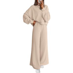 PRETTYGARDEN Women 2 Piece Outfits 2026 Spring Sweatsuits Crewneck Sweatshirt Wide Leg Sweatpants Lounge Sets Tracksuit (X-Large, Beige)