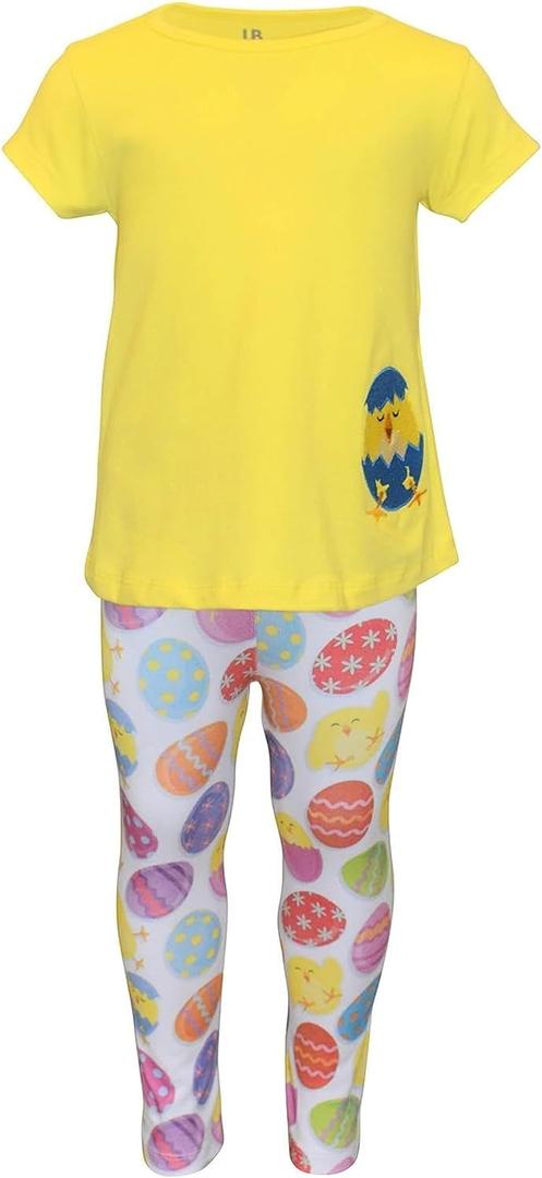 Unique Baby 2 Piece Girls Printed Leggings Outfit with Short Sleeve Shirt Kid and Toddler Clothes Set 5T