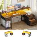 Aheaplus Computer Desk with 3 Drawers, Home Office Desk with File Drawer & Power Outlet, 59'' Gaming Desk with Led Lights, Long Work Desk with Storage, Printer Cabinet and Monitor Shelf, Rustic Brown