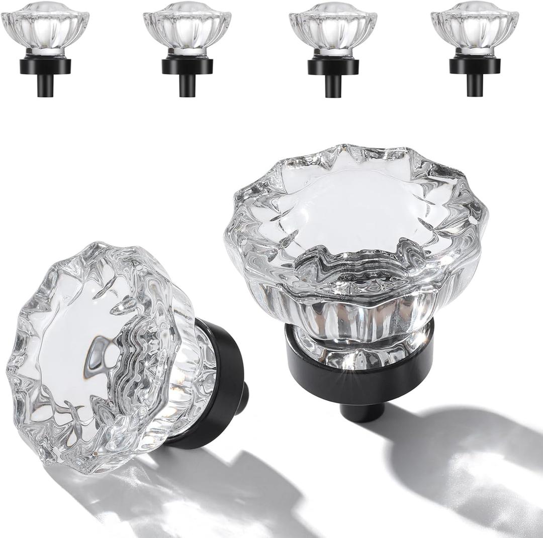 Matte Black Cabinet Knobs Crystal Cabinets Knob 4 Pack, Clear Crystal Small Pull for Closet Dresser Drawers Cupboard Wardrobe, Solid Alloy Retro Pulls Single-Hole Old Fashioned