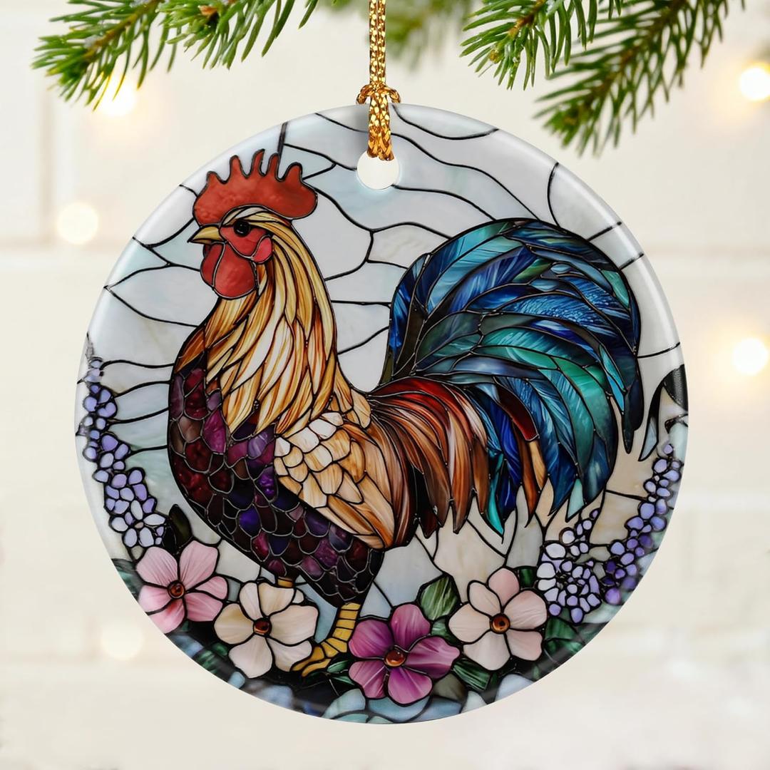 2 x Colorful Rooster Ornament | Farmhouse Christmas Ornaments, Hanging Ornaments for Tree, Christmas Decorations, Holiday Decor Gift | Gifts for Chicken Lover, Farmer | Chicken Themed Gifts, Gift Exchange