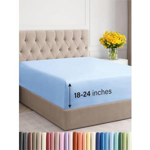 Extra Deep Queen Fitted Sheet - Hotel Luxury Single Fitted Sheet Only - Easily Fits 18 inch to 24 inch Mattress - Ultra Soft, Wrinkle & Fade Free w/Extra Deep Pocket - Breathable & Comfy - Light Blue (19 - Baby Blue)