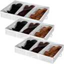 SATINIOR 3 Pcs 3 Section Under Bed Shoe Storage Boot Bag Beige and Brown Underbed Shoe Organizer with Large Clear Pockets Fabric for Storage Men's and Woman's Boots