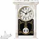 Clockswise Vintage Grandfather-Style Wall Clock with Wood-Effect Plastic Pendulum, Battery-Operated - for Home Decor, Living Room, Home Office, Kitchen or Dining Room (White)