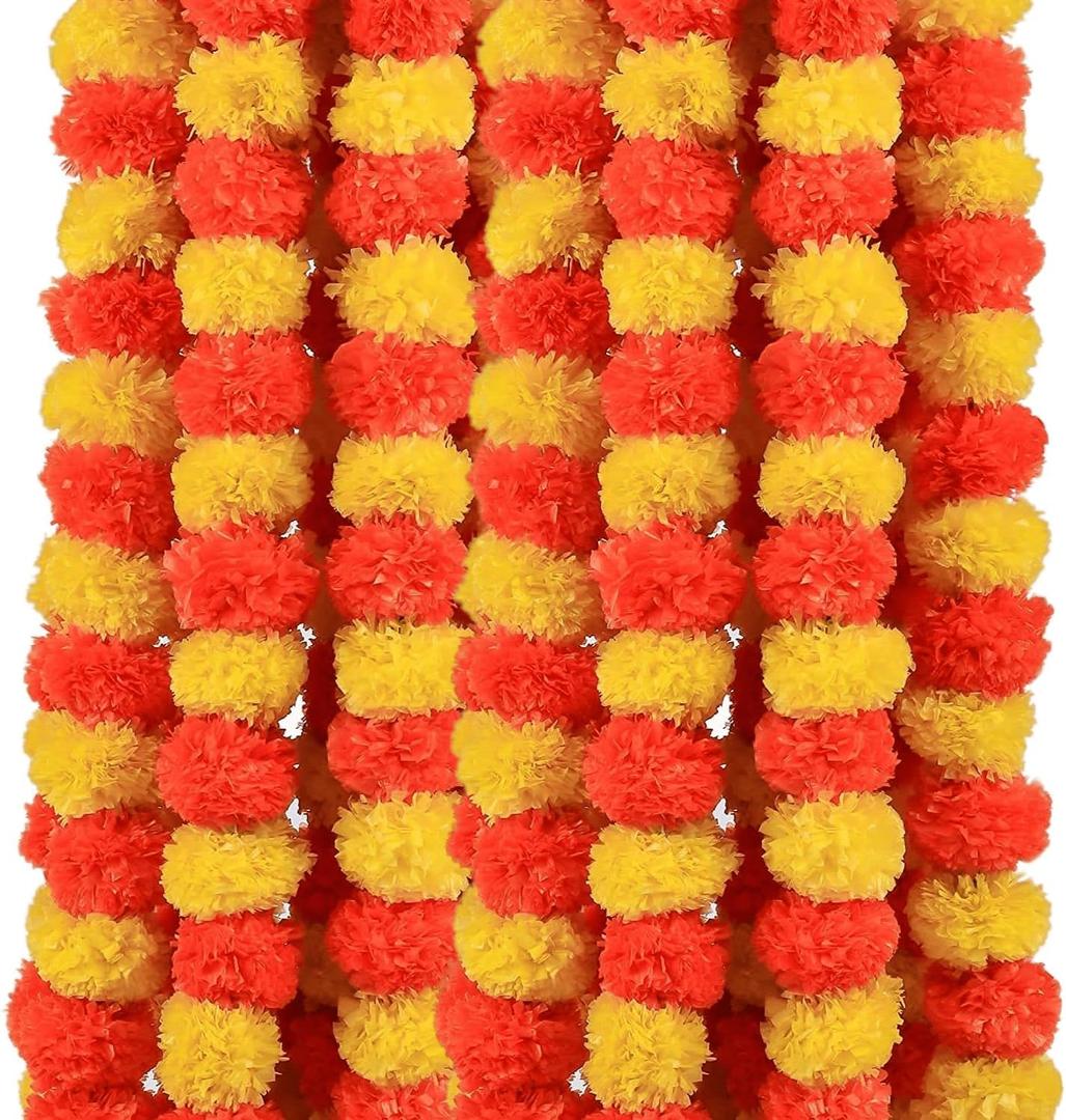 Artificial Marigold Garland for Decoration  5 Pcs Artificial Genda Phool Strings | 4.5 Ft Long Handmade Orange Yellow Marigold Flowers | Toran for Pooja, Wedding, Diwali, Christmas, Festival Dcor