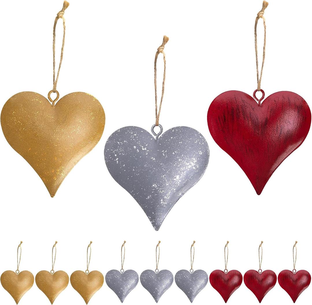 12 Pcs Valentine's Day Heart Metal Bell Ornaments, 3 Styles 3D Metal Heart Decorative Bells, Vintage Iron Hearts Hanging Decoration for Valentine's Day Christmas Holiday Anniversary Party Decor