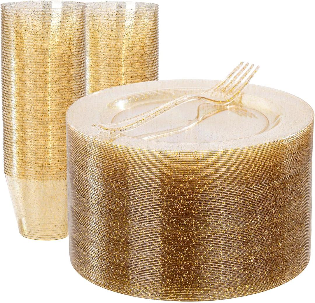 WELLIFE 150PCS Gold Plastic Plates  Gold Glitter Disposable Dinnerware Set for 50 Guests (7.5" Dessert Plates), Includes 50 Plates, 50 Cups & 50 Forks for Wedding & Birthday Party Tableware