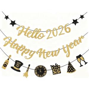 IMISHM Glitter Gold New Years Decorations 2026 Pre Strung Banner Party Decorations 2026 Happy New Year Party Supplies Sign for Happy New Year Decorations
