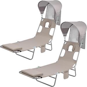 Backpack Beach Tanning Chair with Canopy and Face Hole, 6-Position Folding Lay Out Lounge Chair, UPF 50+ Wind-Resistant Sun Shade, Portable Recliner for Sunbathing, Outside, Poolside, Lawn, 2Pack
