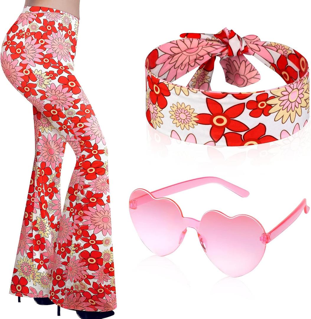 Tisancy 3 Pcs 60s 70s Outfit for Women Hippie Costume Set Disco Flared Pants Groovy Outfit Party Accessories