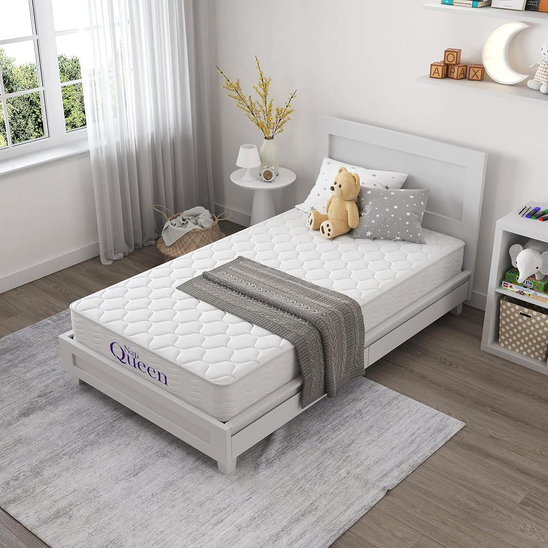 NapQueen 8 Inch Innerspring Twin Size Medium Firm Memory Foam Mattress, Bed in a Box, White