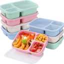 buluker 8 Pack Bento Lunch Box Set 3 Compartment Wheat Straw Meal Prep Food Storage Containers Plastic, Microwave and Dishwasher Safe (Light Colour)