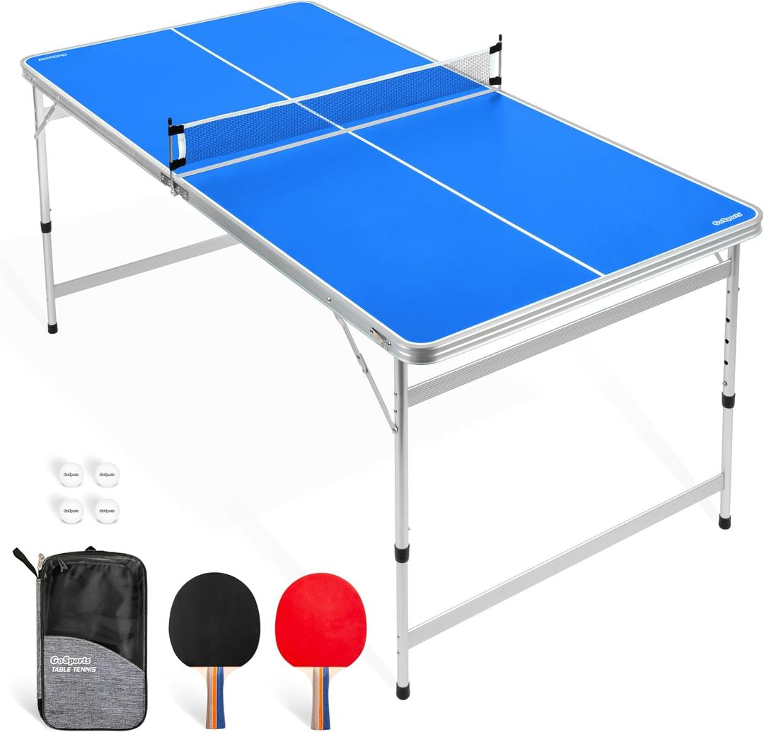 GoSports 6 x 3 ft Mid-Size Table Tennis Table Set with Adjustable Height - Green or Blue, Features 4 height settings from 24 to 30 inches