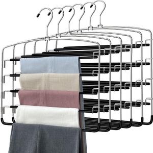 Pants Hangers 6 Pieces,5 Tier Closet Organizers and Storage Clothes Hangers,Hangers Space Saving with Swing Arm,Multiple Metal Hangers Clothes Organization for Pants Trousers Jeans Leggings Slacks
