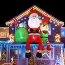 8FT Santa Claus Sitting on The Roof Christmas Inflatable Decoration with LED Lights, Suitable for Holiday Celebration Decorations in Courtyards, Lawns, Terraces, etc.