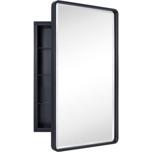 TEHOME Farmhouse Black Metal Framed Recessed Bathroom Medicine Cabinets with Mirror Rounded Rectangle Medicine Cabinet with BeveledMirros,16.5x27.5''