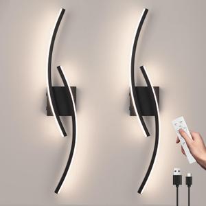 Battery Operated Wall Sconce Set of 2,Black Wall Sconces with Remote Control,3000K-6000K Modern LED Wireless Wall Light for Living Room, Hallway, Bedroom, 39.3 Inch (2 Pack), Rechargeable,2packs